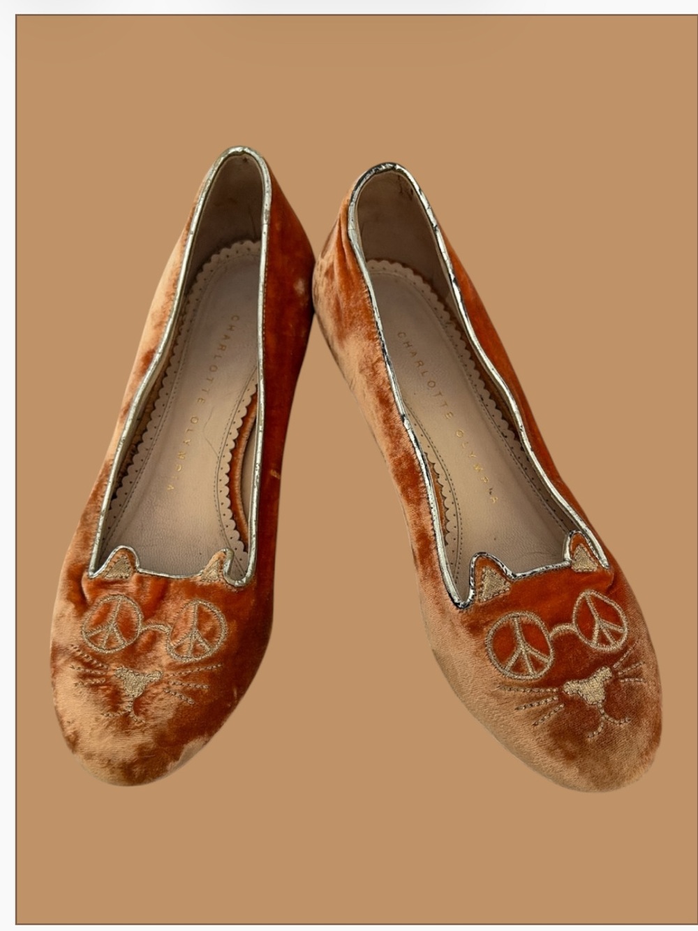 Charlotte Olympia Orange Velvet Ballet Flats with Metallic Trim Hippie Kittie